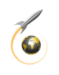 realistic stylized cartoon metal rocket takes off from planet earth globe and flies around