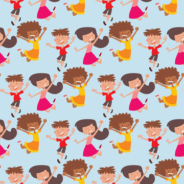 Happy children in different positions big vector jumping cheerful child funny cartoon kids joyful team laughing little people characters seamless pattern background.
