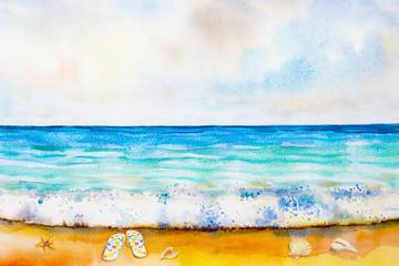 Watercolor painting colorful of sea beach and shell.