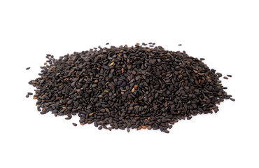 Black sesame seeds on white background, healthy food concept