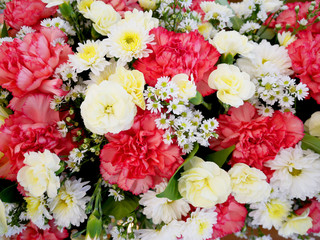 Wedding flowers background. Decoration made of carnations, roses and decorative plants.