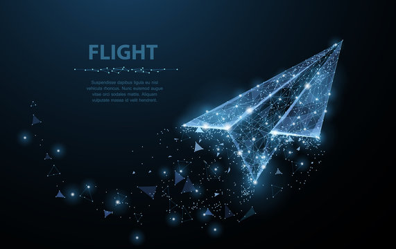 Paper airplane. Polygonal mesh art looks like constellation. Concept illustration or background