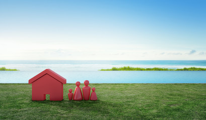 House symbol with people icon on terrace and green grass near swimming pool in real estate sale or property investment concept, Buying new home for lovely family. 3d illustration of tourist resort.