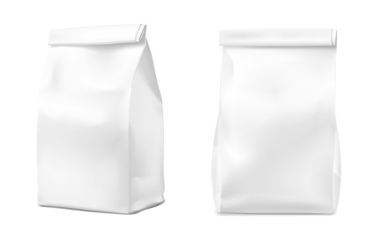 Food snack bags isolated on white background. Vector illustration. Front and side view. Can be use for template your design, presentation, promo, ad. EPS10.