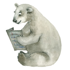 White bear sitting and reading newspaper