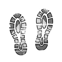 Footprints and shoeprints icon in black and white showing bare feet and the imprint of the soles with patterns of male and female footwear. Shoes boots imprint