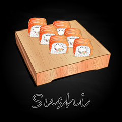 Various kinds of sushi served on wood desk black background.