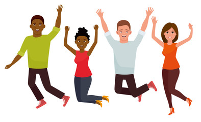 Fototapeta premium Young student group jumping people isolated in a white background. Cartoon vector character illustration.