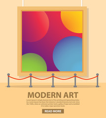 art gallery museum interior in flat vector. Exhibition of modern art.Concept of design  banner  websites or mobile applications.Showroom abstract painting exposition.Poster geometrical figures circles