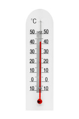 Atmospheric plastic meteorology thermometer isolated on white background. Air temperature plus 42...