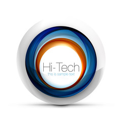 Digital techno sphere web banner, button or icon with text. Glossy swirl color abstract circle design, hi-tech futuristic symbol with color rings and grey metallic element