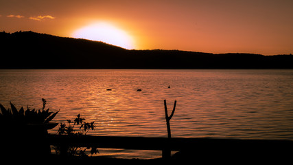 Sunset on Lake Rotoehu, Rotorua area, North Island of New Zealand