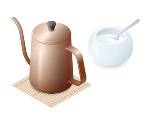 Flat isometric illustration of metal coffeepot and sugar basin. The hot beverage in the coffee pot, sugar bowl with spoon. The morning food, breakfast, drink vector elements isolated on white.