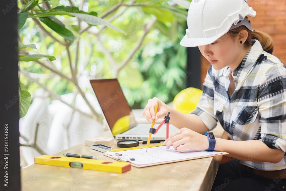 Poster architect working on blueprint.engineer inspective in workplace - architectural project, blueprints,