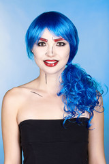 Portrait of young woman in comic  pop art make-up style.