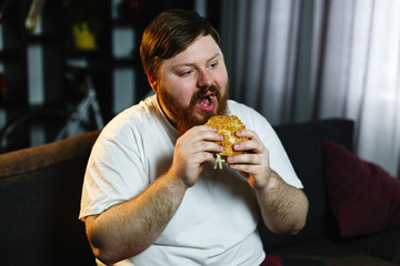 Smiling fat man eats burger sitting before a TV-set