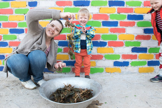 Happy mother shows crayfish caught in the river to two of their charming sons against the backdrop of multi-colored brick wall. Caucasian children and mom have a good time together.