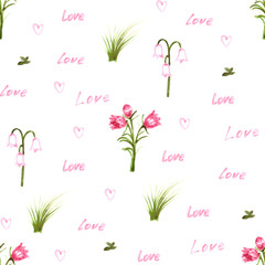 pink delicate watercolor outline flowers bells petals with words love and bunches of green ravy vegetation seamless pattern isolated on white background
