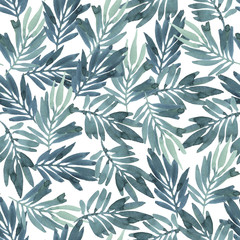 Seamless watercolor pattern of green leaves on white background