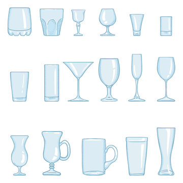 Vector Set of Cartoon Stemware. Glasses for Alcohol and Soft Drink