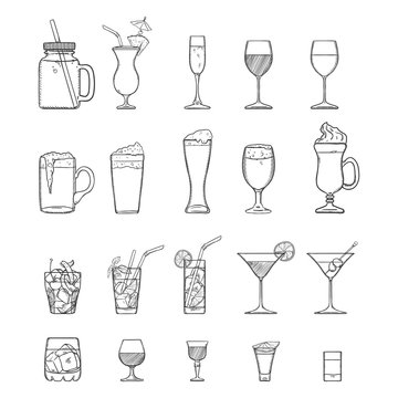 Vector Sketch Set of Alcohol, Soft Drinks and Cocktails.