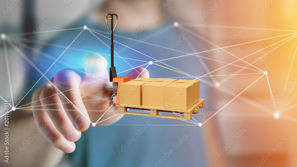 Poster pallet truck and carboxes with network connection system - 3d render