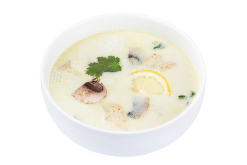 Thai Food Tom Yum Gong. Soup in a white bowl isolated on white background.