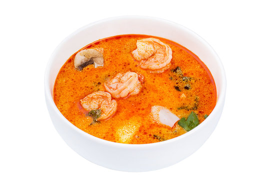 Thai Food Tom Yum Gong. Soup in a white bowl isolated on white background.