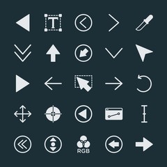 Modern Simple Set of arrows, cursors, design Vector fill Icons. ..Contains such Icons as  point,  web, cursor,  kitchen,  color,  circular and more on dark background. Fully Editable. Pixel Perfect.