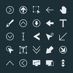 Modern Simple Set of arrows, cursors, design Vector fill Icons. ..Contains such Icons as  color,  right,  scroll,  arrow,  circular,  choose and more on dark background. Fully Editable. Pixel Perfect.