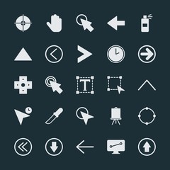 Modern Simple Set of arrows, cursors, design Vector fill Icons. ..Contains such Icons as anchor,  illustration,  hand,  click,  next, left and more on dark background. Fully Editable. Pixel Perfect.