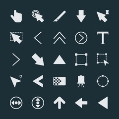 Modern Simple Set of arrows, cursors, design Vector fill Icons. ..Contains such Icons as  black, diagonal,  vertical,  sign,  mouse,  paper and more on dark background. Fully Editable. Pixel Perfect.