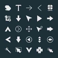 Modern Simple Set of arrows, cursors, design Vector fill Icons. ..Contains such Icons as right, arrow,  previous,  background,  mouse,  sign and more on dark background. Fully Editable. Pixel Perfect.