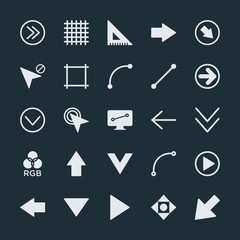 Modern Simple Set of arrows, cursors, design Vector fill Icons. ..Contains such Icons as  right,  square,  smooth,  design,  graphic,  black and more on dark background. Fully Editable. Pixel Perfect.