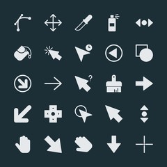 Modern Simple Set of arrows, cursors, design Vector fill Icons. ..Contains such Icons as  graffiti,  pointer,  illustration,  circular,  up and more on dark background. Fully Editable. Pixel Perfect.