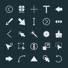 Modern Simple Set of arrows, cursors, design Vector fill Icons. ..Contains such Icons as  paper, left,  icon,  brush,  cursor,  click,  line and more on dark background. Fully Editable. Pixel Perfect.
