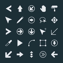 Modern Simple Set of arrows, cursors, design Vector fill Icons. ..Contains such Icons as  hand,  click,  icon,  diagonal,  button,  design and more on dark background. Fully Editable. Pixel Perfect.