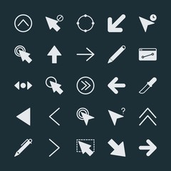 Modern Simple Set of arrows, cursors, design Vector fill Icons. ..Contains such Icons as  write, pen, click,  circular,  pointer,  line, up and more on dark background. Fully Editable. Pixel Perfect.