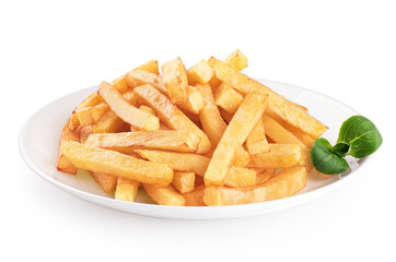 Plate with french fries and corn salad isolated on white background.