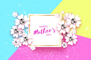 Happy Mothers Day. White Floral Greeting card with Brilliant stones. Womens Day with Paper cut flower. Floral holiday. Beautiful bouquet on colorful background. Square frame for text.
