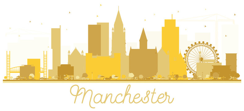 Manchester England City Skyline Golden Silhouette.
