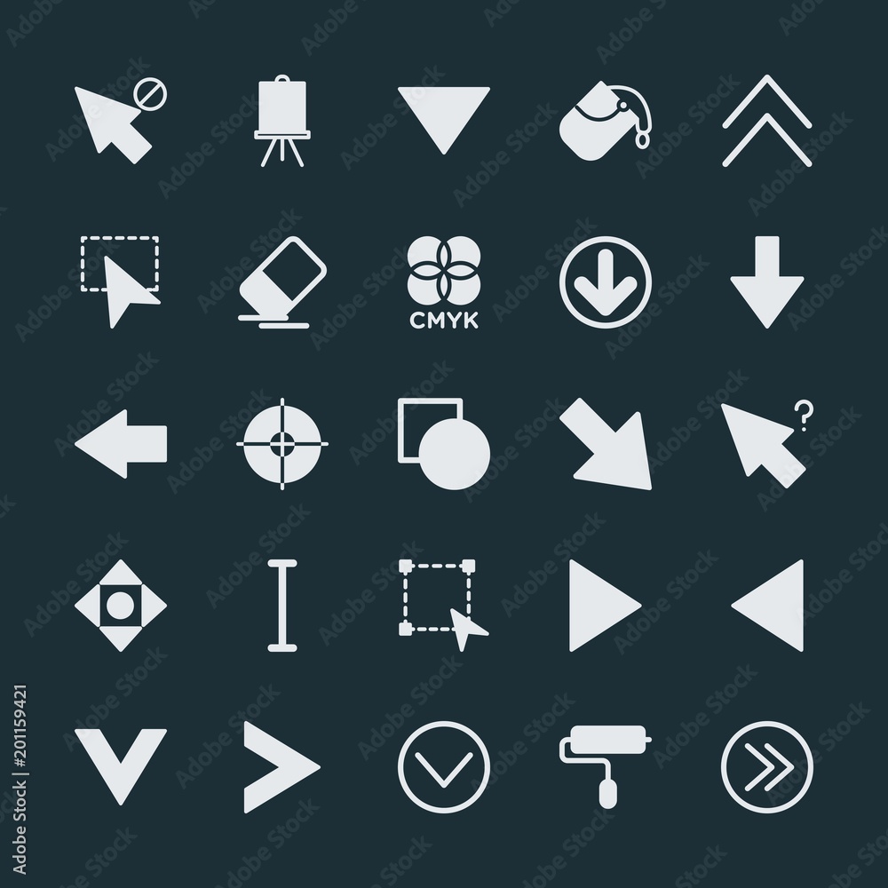 Poster modern simple set of arrows, cursors, design vector fill icons. ..contains such icons as bucket, col