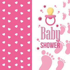 happy baby shower banners with hearts toes flowers pink background baby pacifier girl born vector illustration