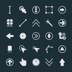 Modern Simple Set of arrows, cursors, design Vector fill Icons. ..Contains such Icons as  button, box, right,  watch,  success,  color, text and more on dark background. Fully Editable. Pixel Perfect.