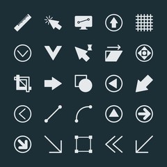 Modern Simple Set of arrows, cursors, design Vector fill Icons. ..Contains such Icons as  equipment,  isolated, ruler,  direction,  cursor and more on dark background. Fully Editable. Pixel Perfect.