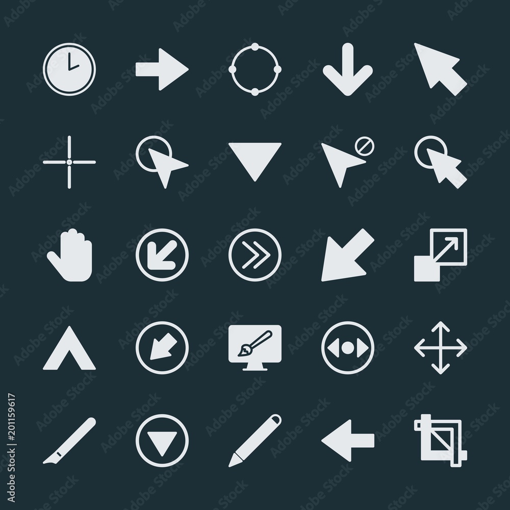 Poster modern simple set of arrows, cursors, design vector fill icons. ..contains such icons as hour, watch