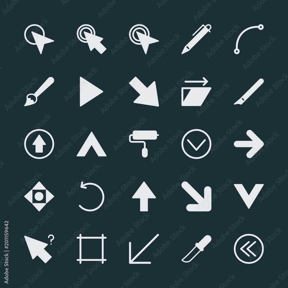 Poster modern simple set of arrows, cursors, design vector fill icons. ..contains such icons as brush, equi