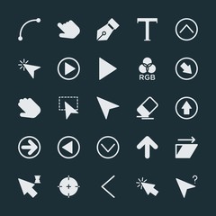 Modern Simple Set of arrows, cursors, design Vector fill Icons. ..Contains such Icons as target,  computer,  internet, abstract,  work,  pen and more on dark background. Fully Editable. Pixel Perfect.