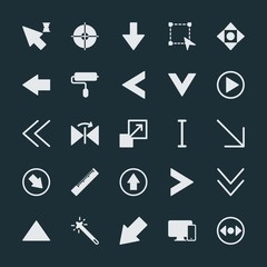 Modern Simple Set of arrows, cursors, design Vector fill Icons. ..Contains such Icons as  computer,  isolated,  vector,  flip, down,  roller and more on dark background. Fully Editable. Pixel Perfect.