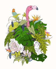 Hand drawn branches and leaves of tropical plants. Monochrome floral bunch with bird. Flamingo, parrot, cockatoo. Black and white coloring page for adult. Vector sketch.
